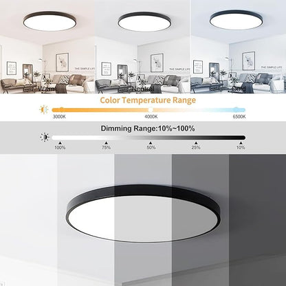 LED Modern Round Recessed Ceiling Light, 20 Inch, 36W 3000K-6000K Dimmable, Black Close to Ceiling Lighting for Living Room & Bedroom