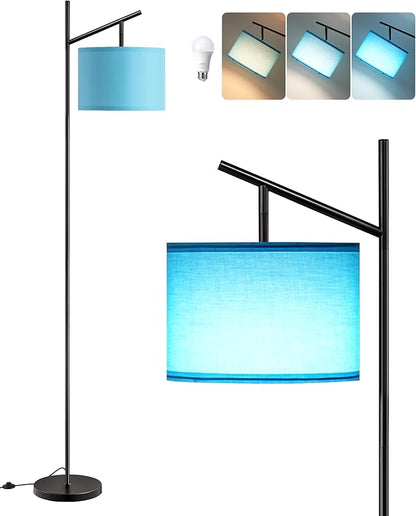 EDISHINE Modern Floor Lamps for Living Room, 64.7" Minimalist Standing Lamp with 3 Color Temperatures Bulb & Adjustable Linen Shade, Foot Pedal Switch, Arc Tall Lamp for Office Bedroom, Blue Shade