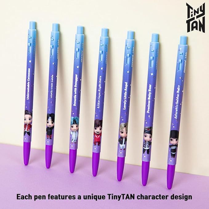 TinyTAN BTS Merchandise Official Licensed Kpop Merch Character Ballpoint Pen Black, 0.5mm, (1 Pack of 7 Pens) (MIC Drop Ver.)