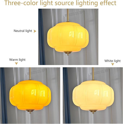 Milk Glass Pendant Light, 15 Inch Yellow Handblown Shade with Antique Brass Hardware, Adjustable Hanging Rod Vintage Chandelier, Dimmable E26 Base Fixture for Kitchen Island, Dining Room, Livingroom