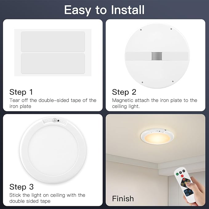 Battery Ceiling Light Fixture with Remote &Motion Sensor 2 in 1, Wireless Bathroom Ceiling Light Shower Light Rechargeable,3Lighting&Dimmable, Magnet Mount LED Closet Light for Bedroom Stairs Garage