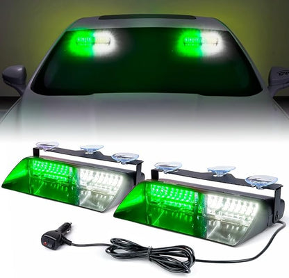 Xprite 2×11 inch High Intensity White Green 32 LED Emergency Strobe Dash Lights, Interior Windshield Flashing Light w/Suction Cups for Postal Law Enforcement Volunteer POV Vehicles Trucks