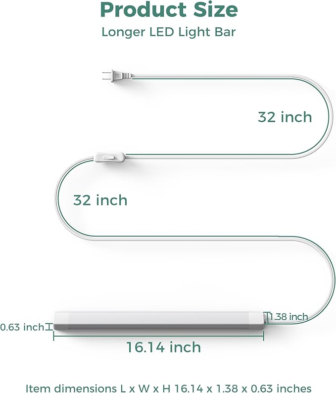 ASOKO 16 Inch Under Cabinet Lights,Plug and Play Under Counter Lighting,6000K Cool White with 700LM Bright,ETL Light Bar with ON/Off Switch for Kitchen,Under Desk,Workbench