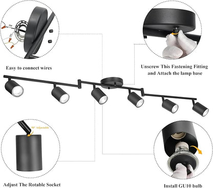 BoostArea LED 6 Light Track Lighting Kit, Black 6 Way Ceiling Spot Lighting, Flexibly Rotatable Light Head for Kitchen, Living Room, Bedroom, GU10 Bulb Not Included