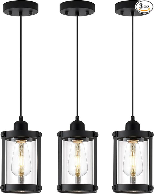 Black Pendant Lights Kitchen Island 3 Pack, Modern Kitchen Pendant Lighting Over Island with Clear Glass, Farmhouse Mini Hanging Light for Sink Dining Room, OS-3014-3PBKC