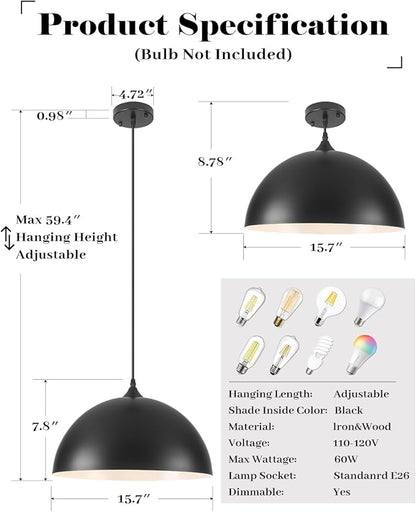 Large Dome Pendant Lights Kitchen Island, 16 Inch Black and White Dome Pendant Light, Black Farmhouse Pendant Light, Large Black Pendant Lights for Kitchen Island 1 Pack