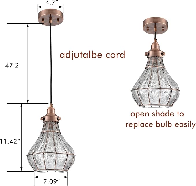 YUBOLE Copper Pendant Light with Cracked Glass Shade Vintage Kitchen Pendant Light Fixture E26 Based Red Antique Copper, Glass Hanging Light for Kitchen Dining Foyer