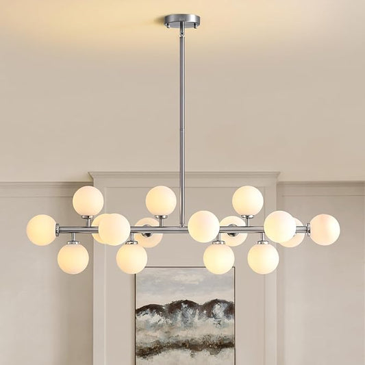 39'' Brushed Nickel and Milky White Mid Century Modern Pendant Lights Dimmable Glass Globe Sputnik Chandelier 16 Lights Linear Chandelier Light Fixtures for Kitchen Island Dining Room