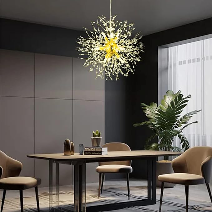 Gold Crystal Chandeliers 9-Light Modern Firework Chandelier Dandelion Light Fixture,Bedroom Chandelier,Ceiling Hanging Lighting for Dining Room,Bedroom,Aisle