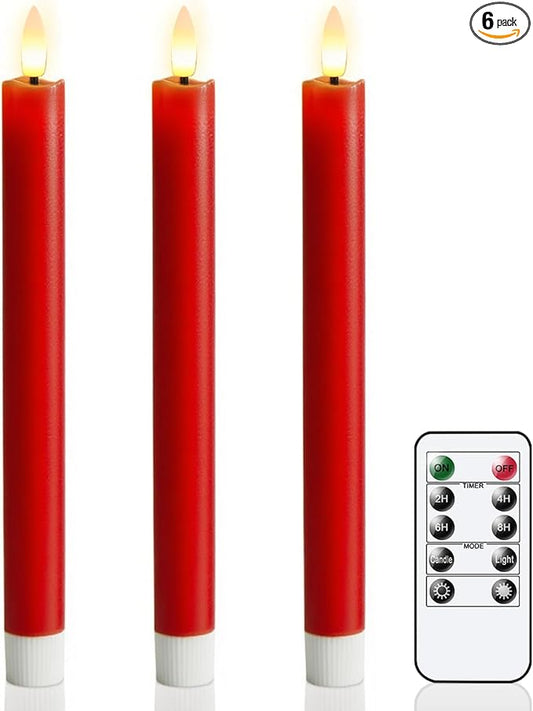 GenSwin Red Flameless Taper Candles with Remote, Real Wax Taper Candles Battery Operated, LED Flameless Candlesticks with 3D Wick for Home Halloween Christmas Holiday Decor(Set of 3, 0.78” x 9.6”)