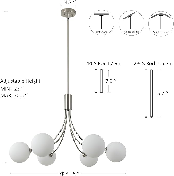 CNRATYE 6-Light Brushed Nickel Chandelier, Modern Dining Room Light Fixture Hanging, Sputnik Chandelier for Living Room Kitchen Island Bedroom Entryway, Milk White Globe Glass Shade