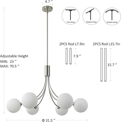 CNRATYE 6-Light Brushed Nickel Chandelier, Modern Dining Room Light Fixture Hanging, Sputnik Chandelier for Living Room Kitchen Island Bedroom Entryway, Milk White Globe Glass Shade