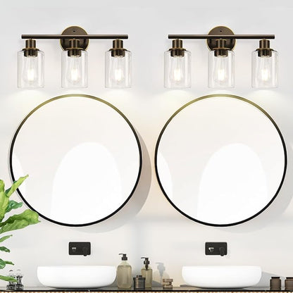 Zarbitta 3-Light Bathroom Light Fixtures, Brown and Gold Bathroom Wall Lights, Modern Vanity Light with Clear Glass Shade, Bathroom Wall Lamp for Mirror Hallway Cabinet