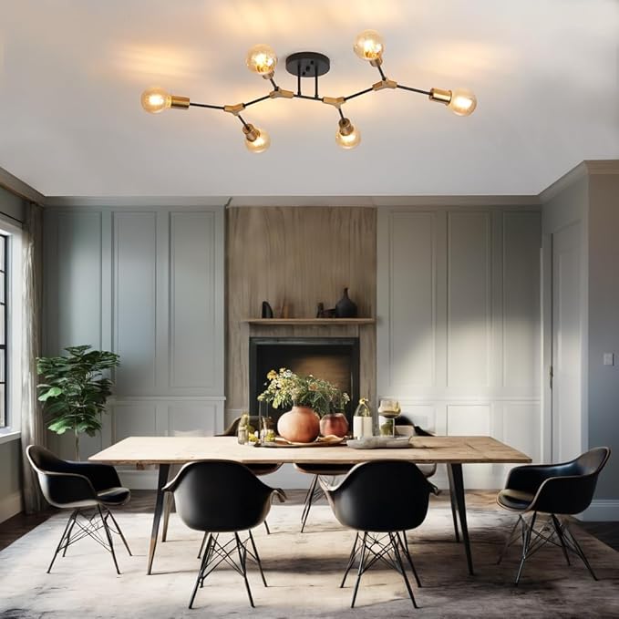 Modern Mid Centur 6 Light Semi Flush Mount Ceiling Lighting Fixture for Living Room Bedroom Dining Room Hallway Kitchen Office,Minimalist Gold and Black Sputnik Chandelier