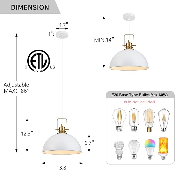 Farmhouse Pendant Light, 13.8" White Pendant Light Kitchen Island with Adjustable Cord, Vintage Dome Hanging Lights for Dining Room Cafe Bar Hallway Worktops, M, 2 Pack