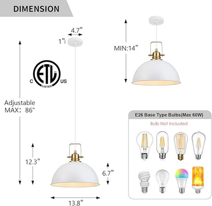 Farmhouse Pendant Light, 13.8" White Pendant Light Kitchen Island with Adjustable Cord, Vintage Dome Hanging Lights for Dining Room Cafe Bar Hallway Worktops, M, 2 Pack