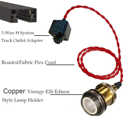 Kiven Set of 2 H Type Track Lighting Mini Pendant Brass Finish with 7 inch Red Twisted Cord and a Black H-Type Track Connection