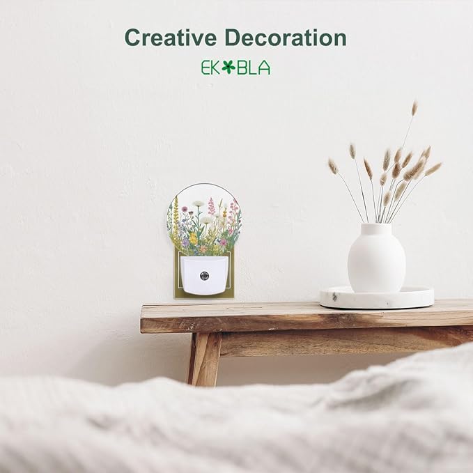 EKOBLA Watercolor Herbs and Wild Flowers Night Light, Green Botanical Floral Leaves Plug into Wall with Dusk to Dawn Light Sensors, Warm Nightlights for Girls Women
