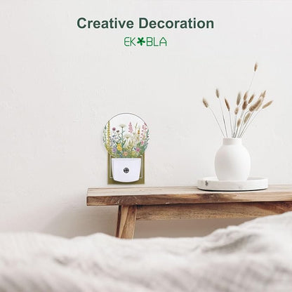 EKOBLA Watercolor Herbs and Wild Flowers Night Light, Green Botanical Floral Leaves Plug into Wall with Dusk to Dawn Light Sensors, Warm Nightlights for Girls Women