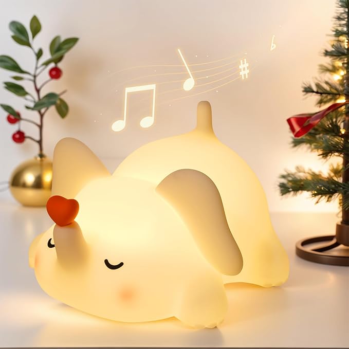 Elephant Night Light for Kids with Music - Squishy Silicone Nursery Lamp, Cute Animal Light 3-Level Dimmable & Rechargeable for Baby Bedroom