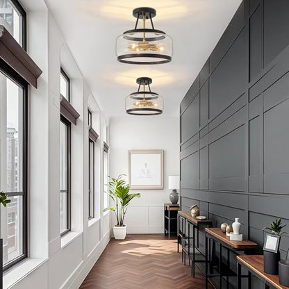 3-Light Semi Flush Mount Ceiling Light Modern Glass Drum Entryway Chandelier Black and Gold Hallway Lights Kitchen Ceiling Lighting Fixtures for Bedroom Foyer Laundry Bathroom Dining Room