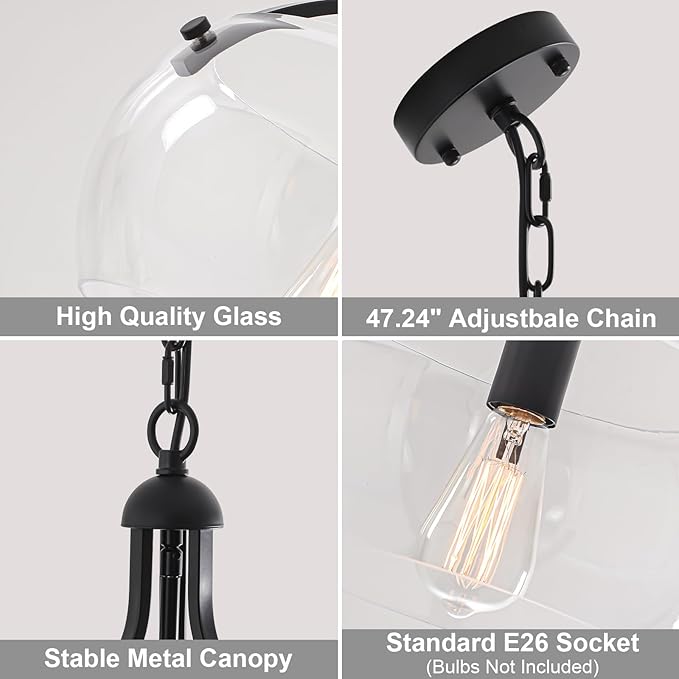 1-Lights Modern Pendant Lights Kitchen Island, Matte Black Pendant Light Fixtures with 11.8" Clear Glass Shade, Industrial Hanging Chandelier for Kitchen Entryway Bedroom Foyer