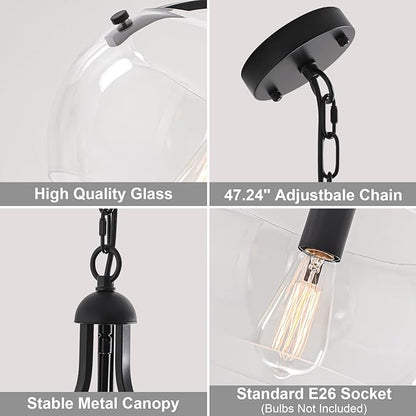 1-Lights Modern Pendant Lights Kitchen Island, Matte Black Pendant Light Fixtures with 11.8" Clear Glass Shade, Industrial Hanging Chandelier for Kitchen Entryway Bedroom Foyer