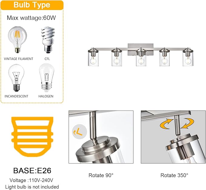 BONLICHT Modern 5-Light Track Lighting Fixture Flush Mount Brushed Nickel Wall Mount Track Lights Kit Industrial Kitchen Ceiling Spot Light Indoor Bathroom Fixture Vanity Lights with Clear Glass Shade