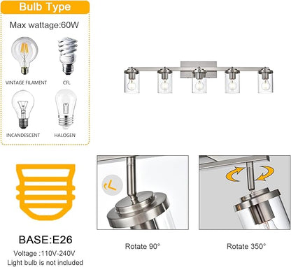 BONLICHT Modern 5-Light Track Lighting Fixture Flush Mount Brushed Nickel Wall Mount Track Lights Kit Industrial Kitchen Ceiling Spot Light Indoor Bathroom Fixture Vanity Lights with Clear Glass Shade