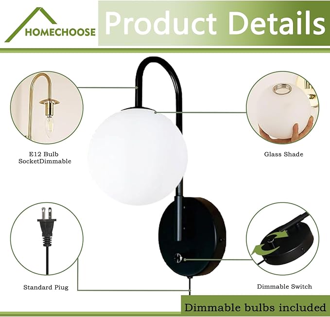 Dimmable E12 Wall Sconces Set of 2,Plug in Wall Sconces with 6.56ft Power Cord,Globe Electric Plug in Wall Sconce,Wall Lights with Milky White Glass Globe Shade(2 Bulbs Included)