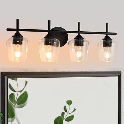 4-Light Bathroom Light Fixtures, Matte Black Vanity Lights with Clear Glass Shades, Modern Wall Lights for Mirror Kitchen Living Room Hallway Cabinet Porch