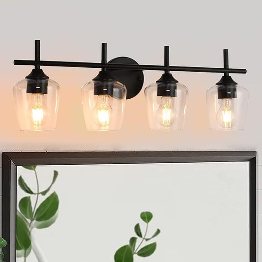 4-Light Bathroom Light Fixtures, Matte Black Vanity Lights with Clear Glass Shades, Modern Wall Lights for Mirror Kitchen Living Room Hallway Cabinet Porch