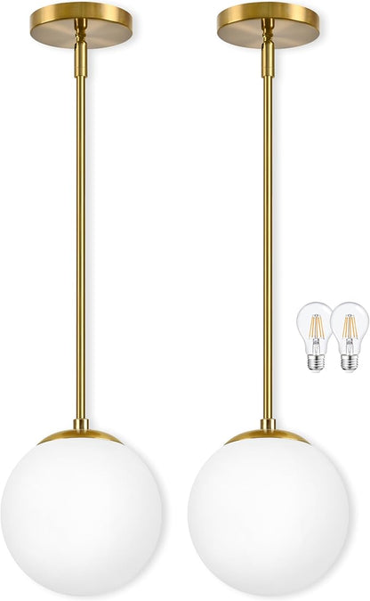 Bagood 8" Globe Pendant Light Gold 2 Pack Mid Century Pendant Light Globe Pendant Lights Kitchen Island Brushed Brass Finished with Milk Glass Adjustable Ceiling Light Fixtures for Dining Room Bar