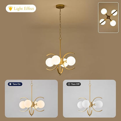 Modern Gold Sputnik Chandelier L16.5”4-Light Mid Century Milk Glass Globe Ceiling Pendant Light Fixture Small Industrial Chandeliers for Dining Room Kitchen Entryway Hallway