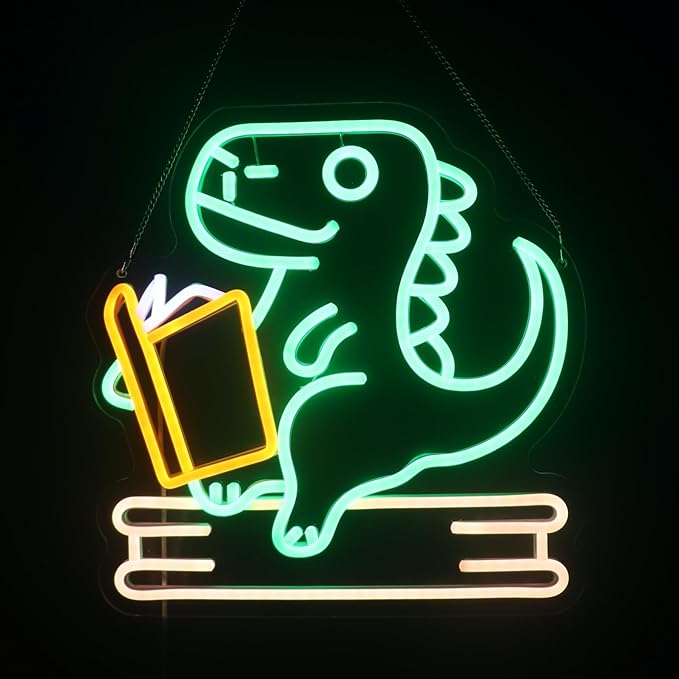 Reading Dinosaur Neon Sign, Book Lover Led Neon Light, Bookish LED Sign, Bookworm Reading Club Light, Kid's Room Decor, Game Room Wall Art, Christmas & Birthday Gifts