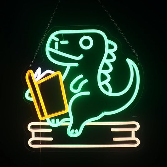 Reading Dinosaur Neon Sign, Book Lover Led Neon Light, Bookish LED Sign, Bookworm Reading Club Light, Kid's Room Decor, Game Room Wall Art, Christmas & Birthday Gifts