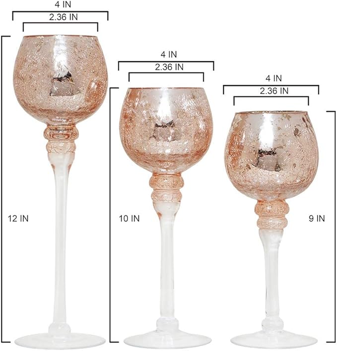 Hosley® Elevate Ambiance with Set of 3 Crackle Rose Gold Glass Tealight Holders 12 Inch, 10 Inch, 9 Inch Sophisticated Decor for Chic Candle Displays