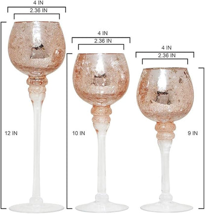 Hosley® Elevate Ambiance with Set of 3 Crackle Rose Gold Glass Tealight Holders 12 Inch, 10 Inch, 9 Inch Sophisticated Decor for Chic Candle Displays