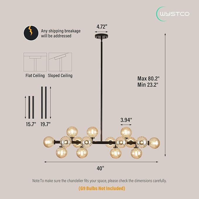16-Light Globe Sputnik Chandelier, Linear Dining Room Light Fixture Over Table, Mid Century Modern Black Chandeliers for Dining Living Room, Kitchen Island Lighting (Amber Bubble, 40 Inch)