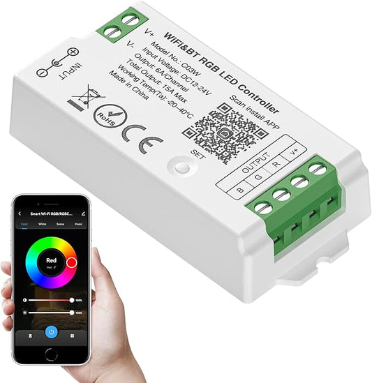 SEZO C03W WiFi Bluetooth RGB LED Strip Controller Group Control Support Tuya Smart Life APP/Voice Control Compatible with LM091 LM096 LM007 LM097 RGB Remote DC12-24V