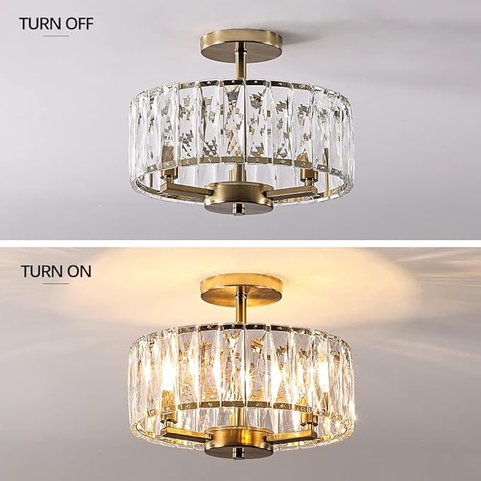 Gold Crystal Semi Flush Mount Chandeliers, 12.5” K9 Crystal Chandeliers 3-Light Ceiling Metal Pendant Fixture E12 Base for Living Room Bedroom Kitchen Island Hallway Dining Room …
