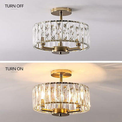 Gold Crystal Semi Flush Mount Chandeliers, 12.5” K9 Crystal Chandeliers 3-Light Ceiling Metal Pendant Fixture E12 Base for Living Room Bedroom Kitchen Island Hallway Dining Room …
