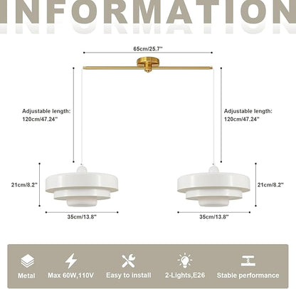 Farmhouse White Pendant Light, 2-Light Industrial Chandelier, Vintage Adjustable Hanging Lights for Kitchen Island, Dining Room, Bedroom, Entryway, Coffee Bar