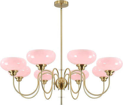 BOKT Gold Mid Century Chandelier Over Table 8-Light Pink Flush Mount Ceiling Light Fixture Kitchen Adjustable Height Ceiling Hanging Light Pink Globe Glass Chandelier for Dining Room Bedroom