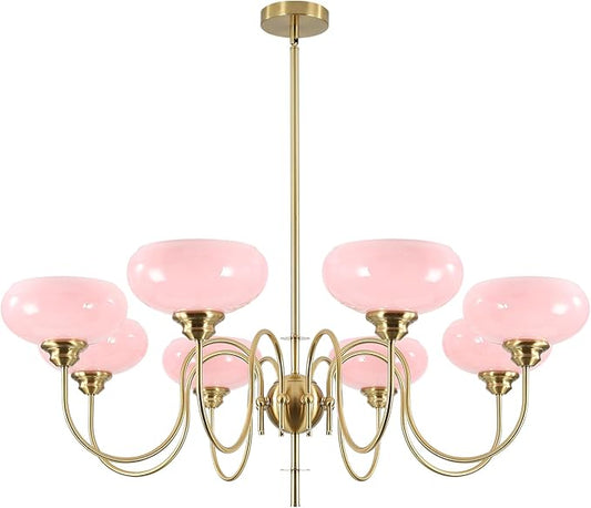 BOKT Gold Mid Century Chandelier Over Table 8-Light Pink Flush Mount Ceiling Light Fixture Kitchen Adjustable Height Ceiling Hanging Light Pink Globe Glass Chandelier for Dining Room Bedroom