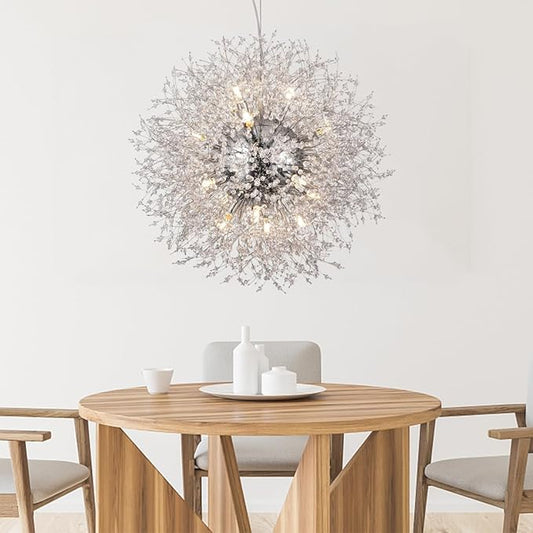 Crystal Chandeliers Dandelion, 16-Light Chrome Stainless Steel Firework Chandeliers for Living Room, 23.6" Modern Chandelier Light Fixture for Bedroom Foyer