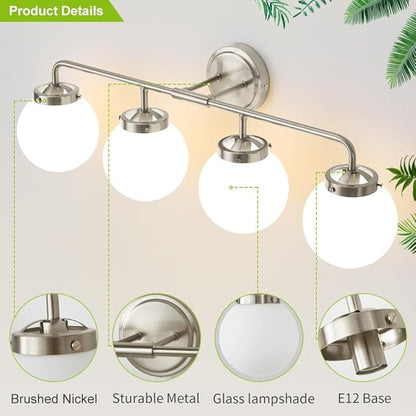 Bathroom Light Fixtures Over Mirror, Brushed Nickel Modern Vanity Lighting with Milk White Glass Globe Shades 4-Light Farmhouse Wall Sconce