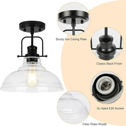 WILON 2 Pack 11'' Seeded Glass Ceiling Light Fixture Black Semi Flush Mount Ceiling Light Fixture Modern Farmhouse Lighting Fixture Ceiling Lamp for Kitchen Hallway Dining Living Room Entryway