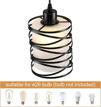 2 Pack Pendant Light Kitchen Island Pendant Lighting, Hanging Light with Spiral Cage Frosted Glass Shade, Black Modern Indoor Hanging Lamp