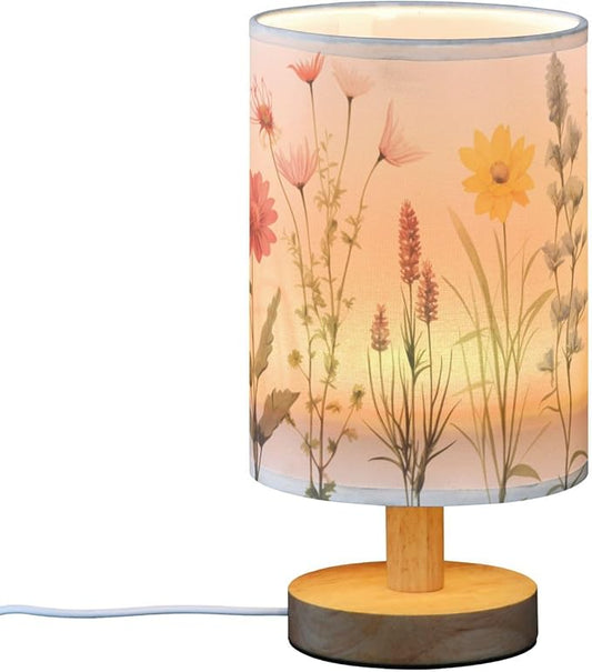 Bedside Table Lamp Vintage Colorful Herbs Wild Floral Nightstand Lamp with Wood Desk Lamps for Bedroom Living Room Nursery Office Home Decor